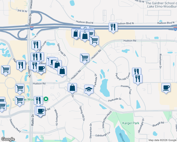 map of restaurants, bars, coffee shops, grocery stores, and more near 9017 Parkside Drive in Woodbury