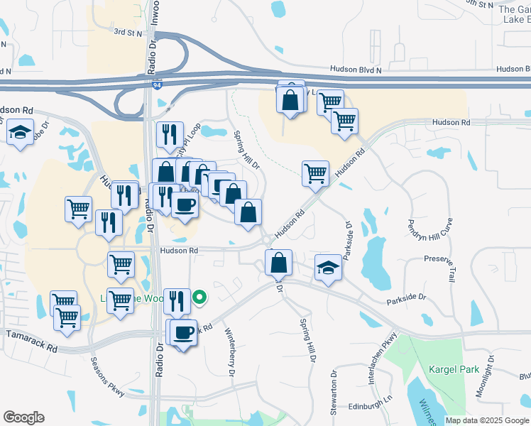 map of restaurants, bars, coffee shops, grocery stores, and more near 9000 City Place Boulevard in Woodbury