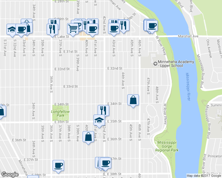 map of restaurants, bars, coffee shops, grocery stores, and more near 3304 43rd Avenue South in Minneapolis