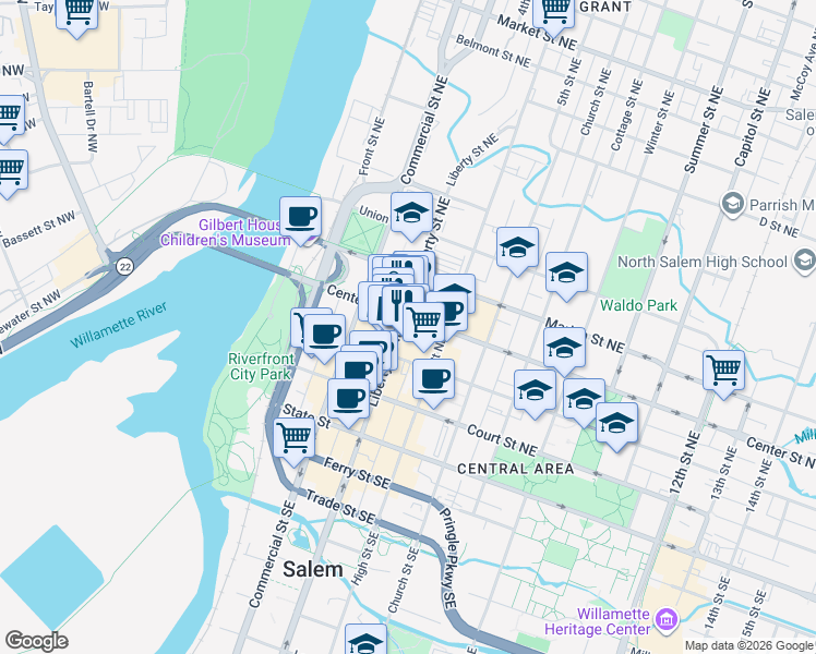 map of restaurants, bars, coffee shops, grocery stores, and more near 365 Liberty Street Northeast in Salem