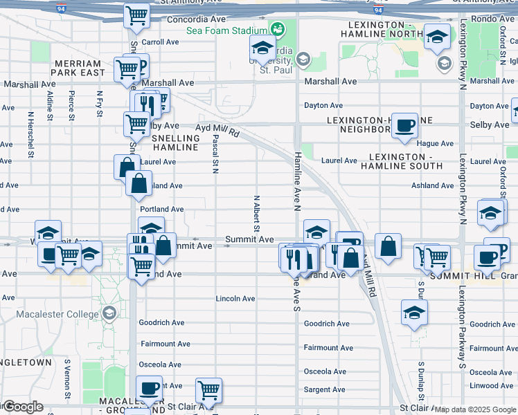map of restaurants, bars, coffee shops, grocery stores, and more near 1389 Portland Avenue in Saint Paul