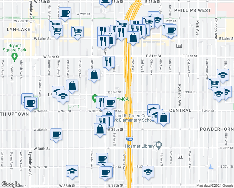 map of restaurants, bars, coffee shops, grocery stores, and more near 3304 Stevens Avenue in Minneapolis