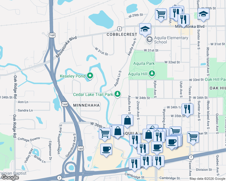 map of restaurants, bars, coffee shops, grocery stores, and more near 3304 Aquila Lane South in St. Louis Park