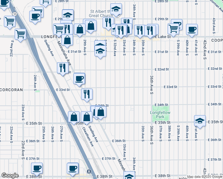 map of restaurants, bars, coffee shops, grocery stores, and more near 3117 East 33rd Street in Minneapolis