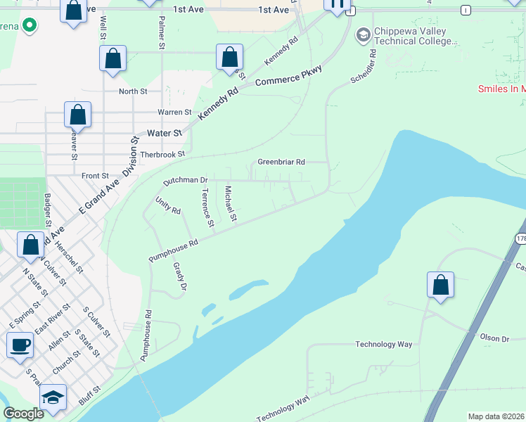 map of restaurants, bars, coffee shops, grocery stores, and more near 1010 Pumphouse Rd in Chippewa Falls