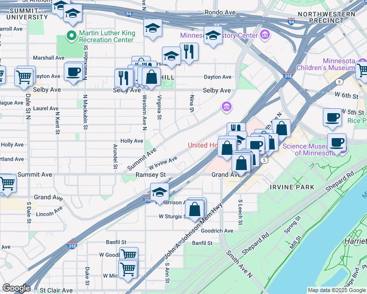 map of restaurants, bars, coffee shops, grocery stores, and more near 321 West Irvine Avenue in Saint Paul