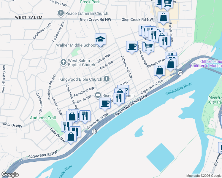 map of restaurants, bars, coffee shops, grocery stores, and more near 1145 3rd Street Northwest in Salem