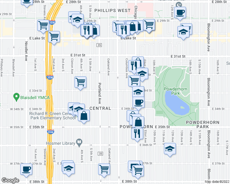map of restaurants, bars, coffee shops, grocery stores, and more near 3300 Park Avenue in Minneapolis