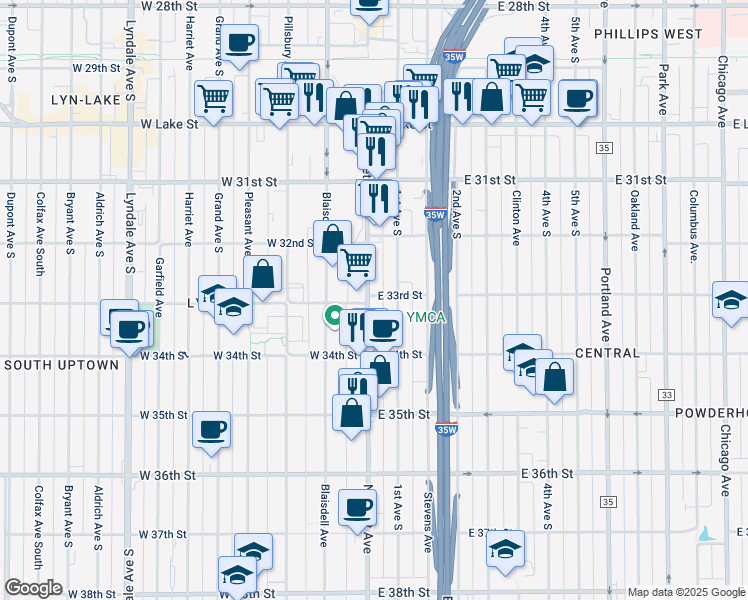 map of restaurants, bars, coffee shops, grocery stores, and more near 3301 Nicollet Avenue in Minneapolis
