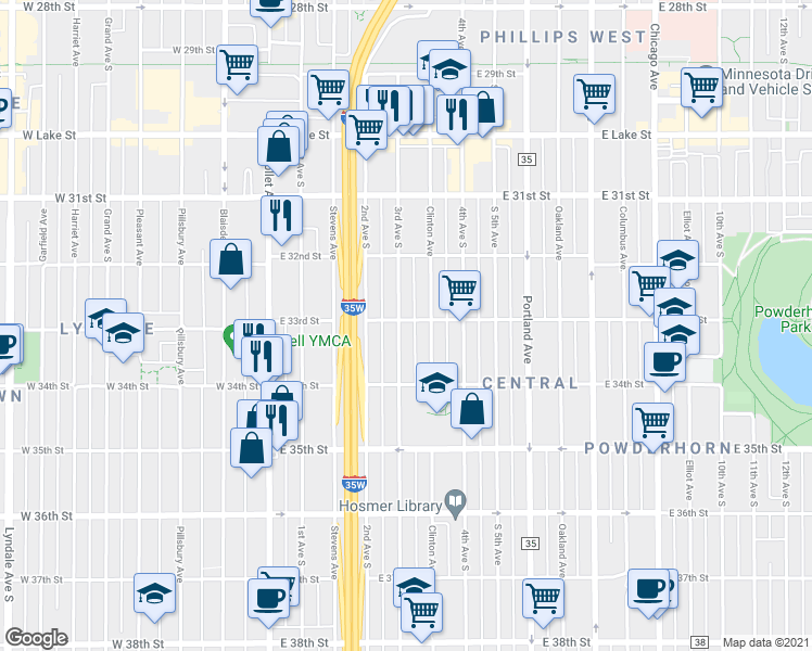 map of restaurants, bars, coffee shops, grocery stores, and more near 3301 3rd Avenue South in Minneapolis