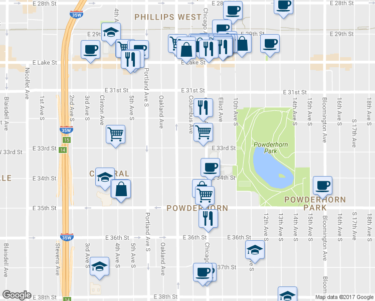 map of restaurants, bars, coffee shops, grocery stores, and more near 3300 Columbus Avenue in Minneapolis