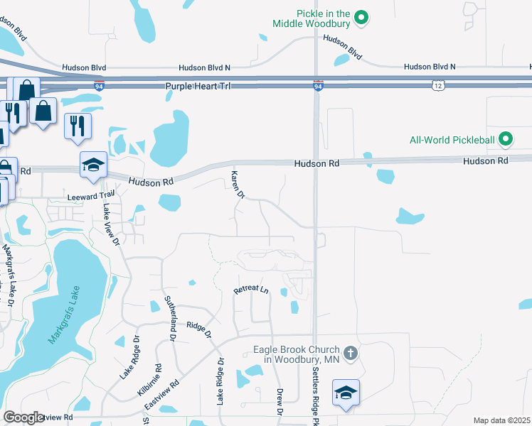 map of restaurants, bars, coffee shops, grocery stores, and more near 442 Karen Way in Woodbury