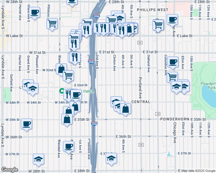 map of restaurants, bars, coffee shops, grocery stores, and more near 3301 3rd Avenue South in Minneapolis