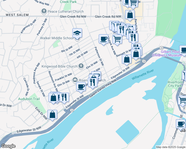 map of restaurants, bars, coffee shops, grocery stores, and more near 1090 3rd Street Northwest in Salem