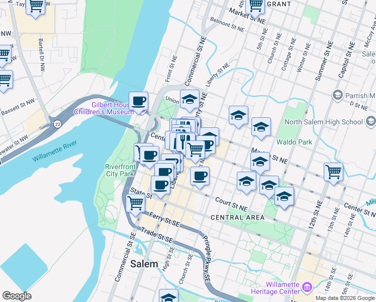 map of restaurants, bars, coffee shops, grocery stores, and more near 365 Liberty Street Northeast in Salem