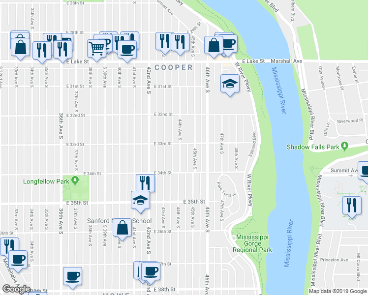 map of restaurants, bars, coffee shops, grocery stores, and more near 3305 44th Avenue South in Minneapolis