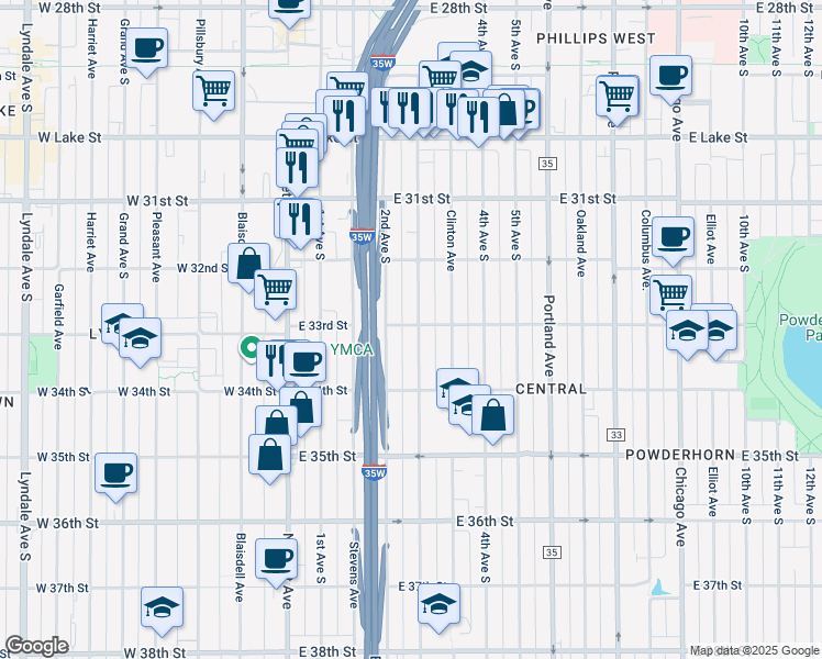 map of restaurants, bars, coffee shops, grocery stores, and more near 3300 3rd Avenue South in Minneapolis
