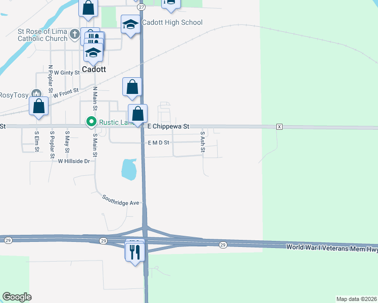 map of restaurants, bars, coffee shops, grocery stores, and more near 521 East M D Street in Cadott