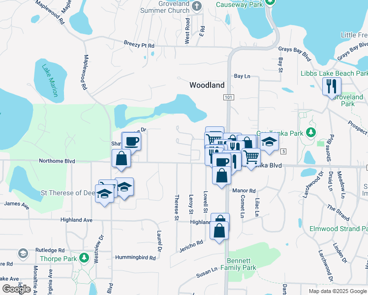 map of restaurants, bars, coffee shops, grocery stores, and more near 3301 Breconwood Circle in Wayzata