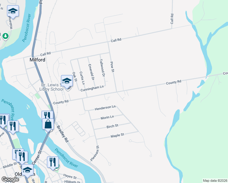 map of restaurants, bars, coffee shops, grocery stores, and more near 111 County Road in Milford