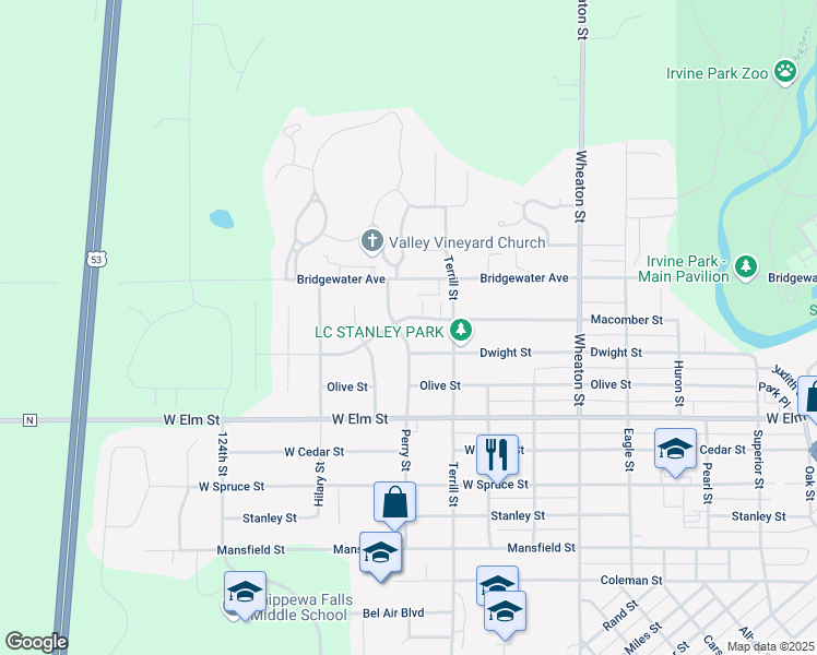 map of restaurants, bars, coffee shops, grocery stores, and more near 1317 Perry Street in Chippewa Falls