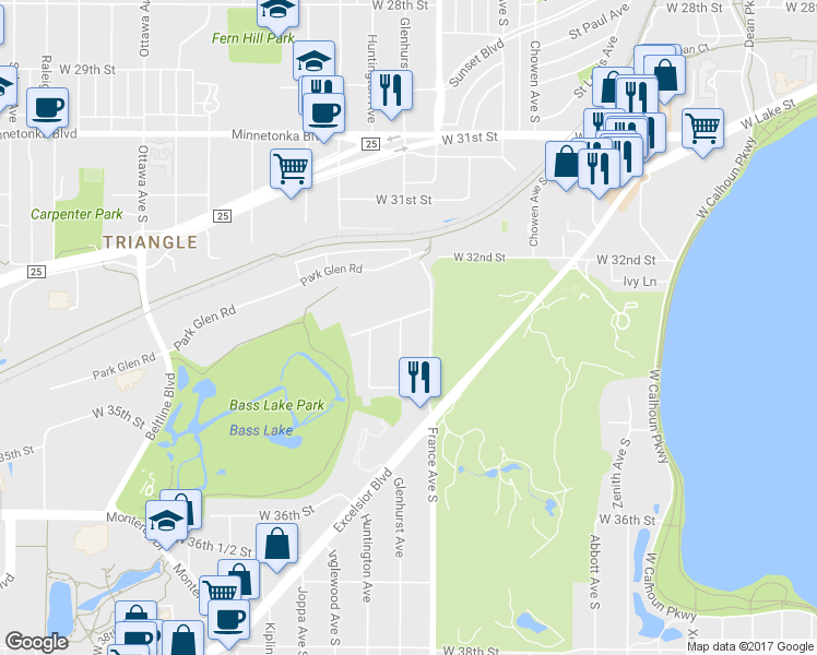 map of restaurants, bars, coffee shops, grocery stores, and more near 3305 Glenhurst Avenue in Minneapolis