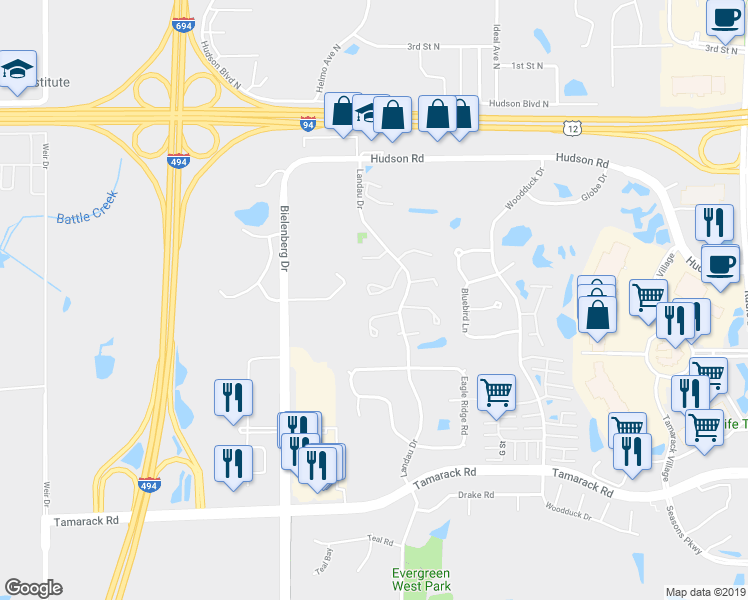 map of restaurants, bars, coffee shops, grocery stores, and more near 250 Cambria Court in Woodbury