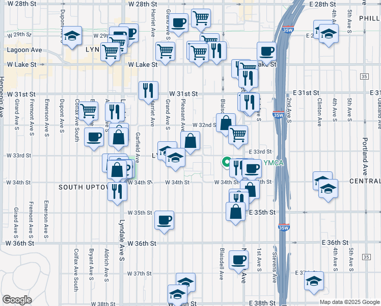 map of restaurants, bars, coffee shops, grocery stores, and more near 210 West 33rd Street in Minneapolis