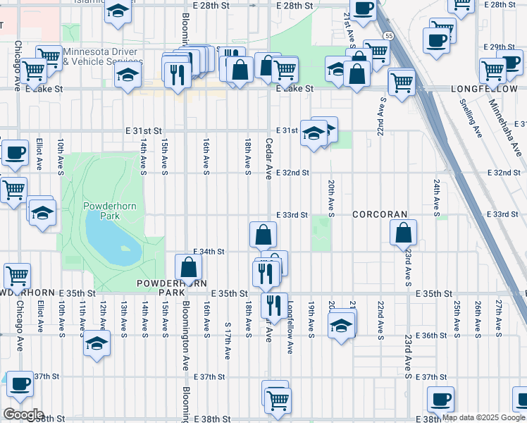 map of restaurants, bars, coffee shops, grocery stores, and more near 3244 Cedar Avenue in Minneapolis