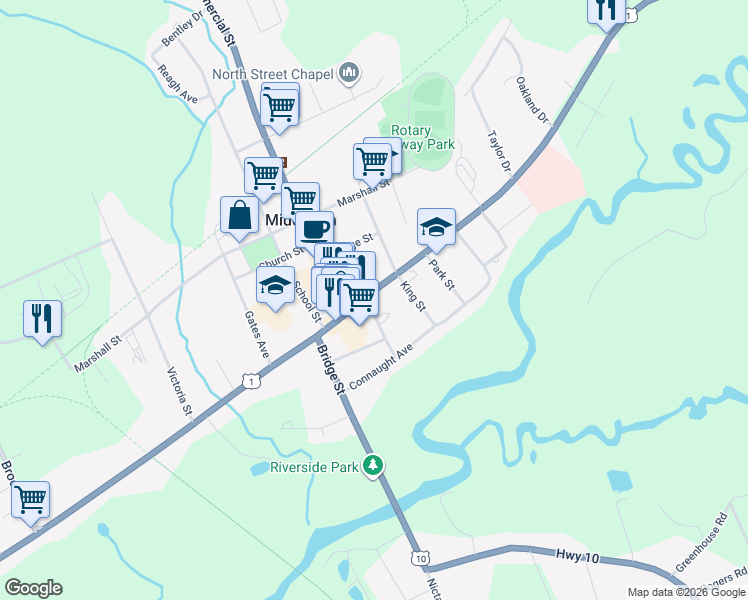 map of restaurants, bars, coffee shops, grocery stores, and more near 366 Main Street in Middleton