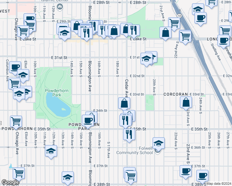 map of restaurants, bars, coffee shops, grocery stores, and more near 3244 18th Avenue South in Minneapolis