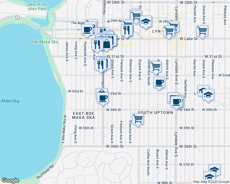 map of restaurants, bars, coffee shops, grocery stores, and more near 3253 Girard Avenue South in Minneapolis