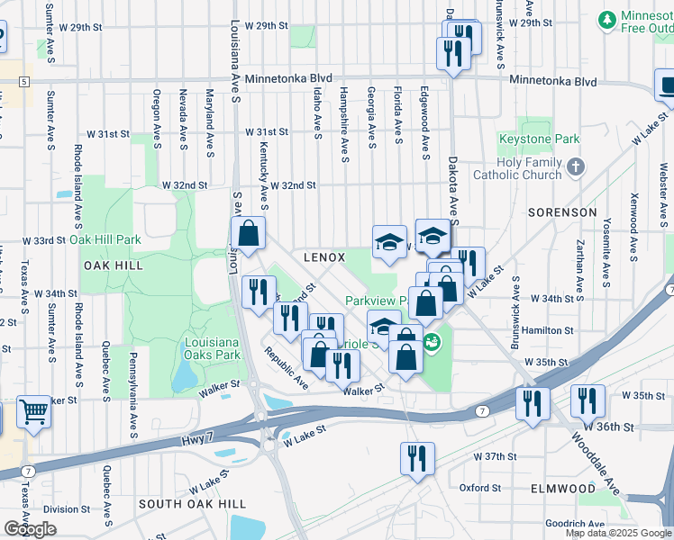 map of restaurants, bars, coffee shops, grocery stores, and more near 3304 Idaho Avenue South in Minneapolis