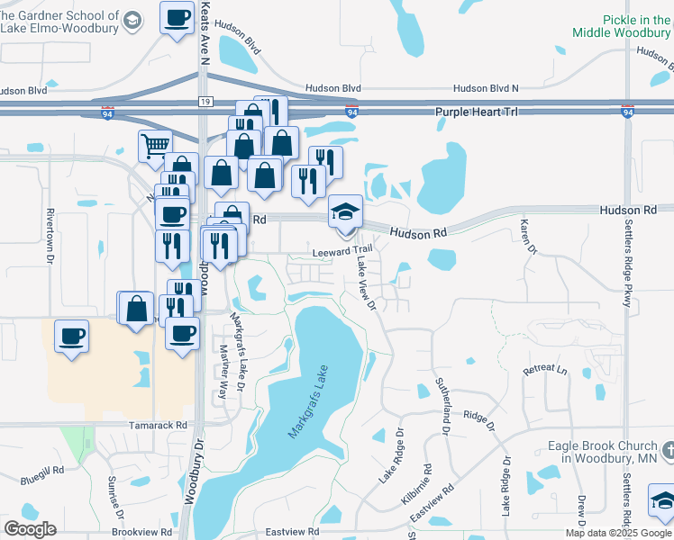 map of restaurants, bars, coffee shops, grocery stores, and more near 413 Lakeview Alcove in Woodbury