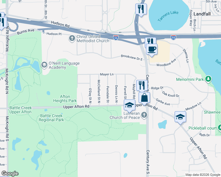map of restaurants, bars, coffee shops, grocery stores, and more near 55 Dennis Lane North in Maplewood