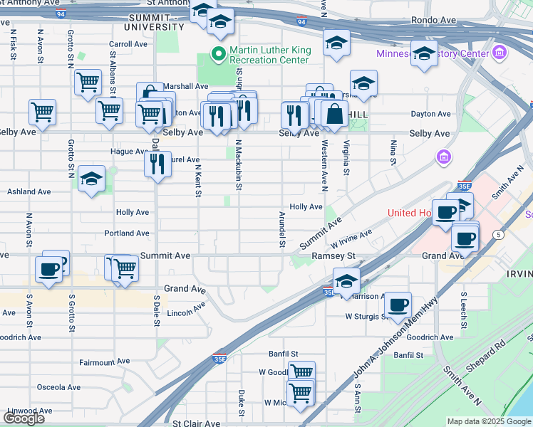 map of restaurants, bars, coffee shops, grocery stores, and more near 472 Holly Avenue in Saint Paul
