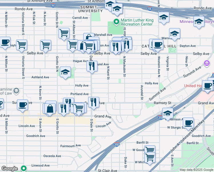 map of restaurants, bars, coffee shops, grocery stores, and more near 578 Holly Avenue in Saint Paul