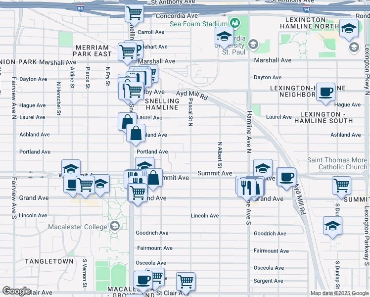 map of restaurants, bars, coffee shops, grocery stores, and more near 1463 Portland Avenue in Saint Paul
