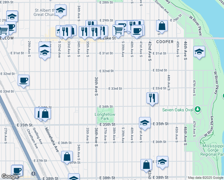 map of restaurants, bars, coffee shops, grocery stores, and more near 3303 38th Avenue South in Minneapolis