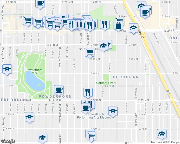 map of restaurants, bars, coffee shops, grocery stores, and more near 3244 Cedar Avenue in Minneapolis