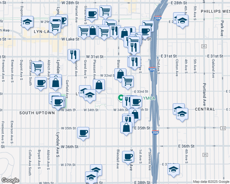 map of restaurants, bars, coffee shops, grocery stores, and more near 119 West 33rd Street in Minneapolis