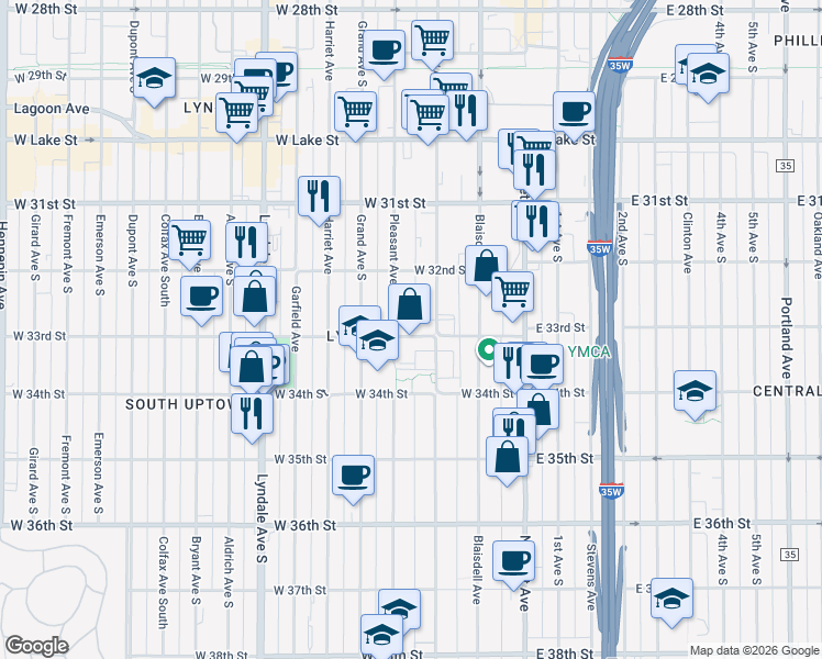 map of restaurants, bars, coffee shops, grocery stores, and more near 210 West 33rd Street in Minneapolis