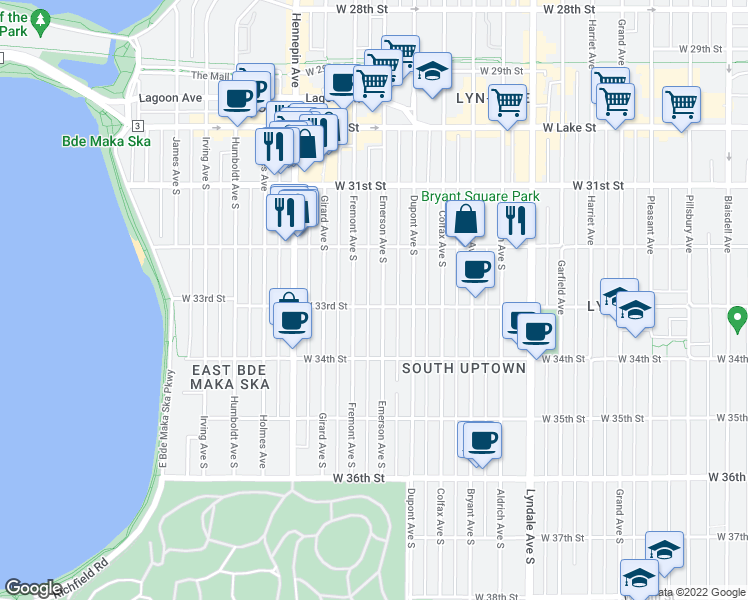 map of restaurants, bars, coffee shops, grocery stores, and more near 3253 Fremont Avenue South in Minneapolis