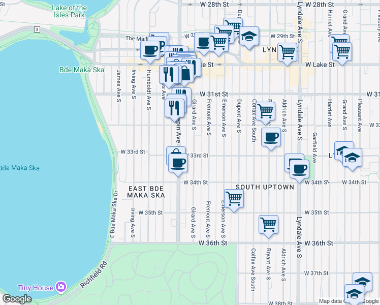 map of restaurants, bars, coffee shops, grocery stores, and more near 3253 Girard Avenue South in Minneapolis
