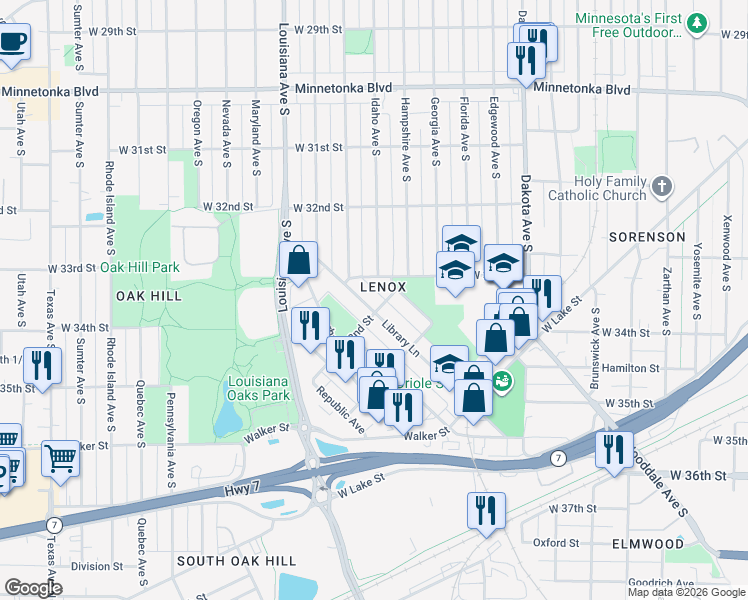 map of restaurants, bars, coffee shops, grocery stores, and more near 3277 Library Lane in St. Louis Park