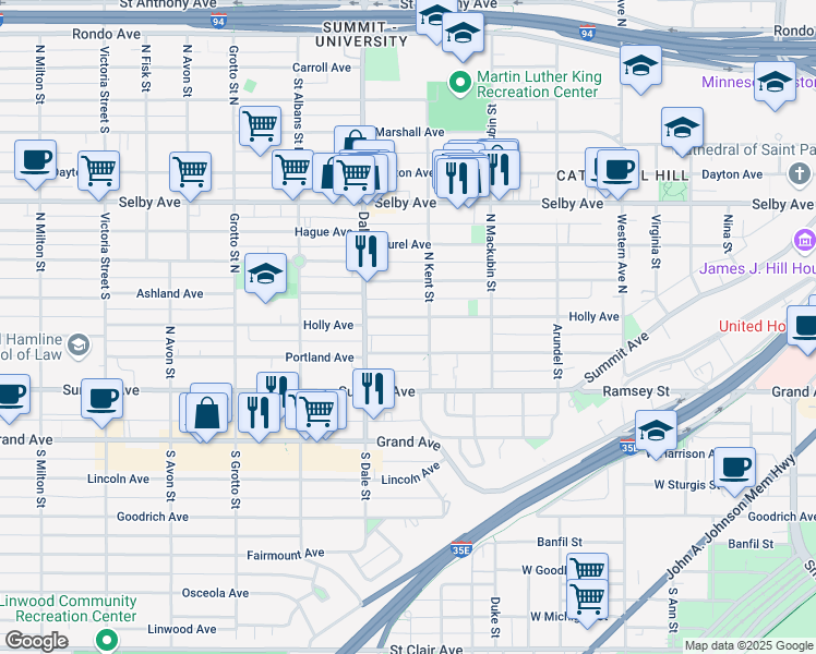 map of restaurants, bars, coffee shops, grocery stores, and more near 578 Holly Avenue in Saint Paul