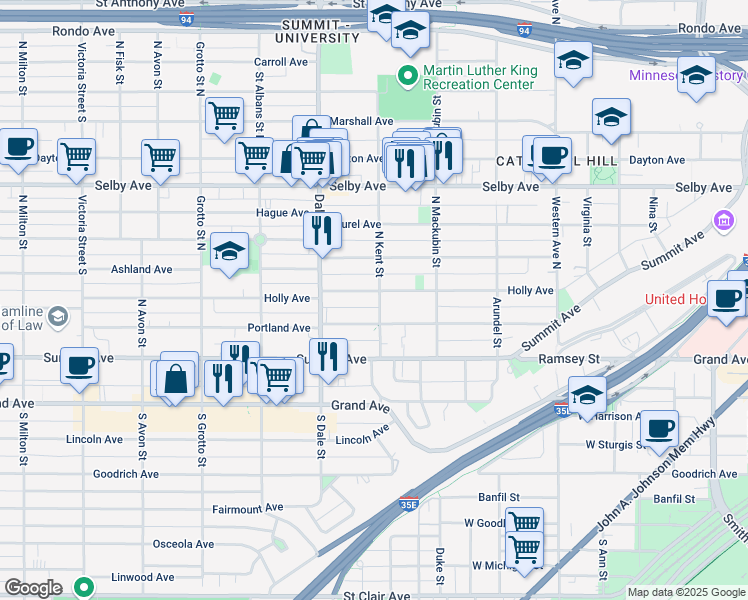 map of restaurants, bars, coffee shops, grocery stores, and more near 578 Holly Avenue in Saint Paul