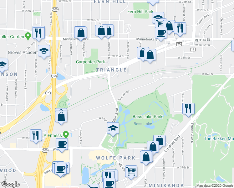 map of restaurants, bars, coffee shops, grocery stores, and more near 4600 Park Glen Road in St. Louis Park