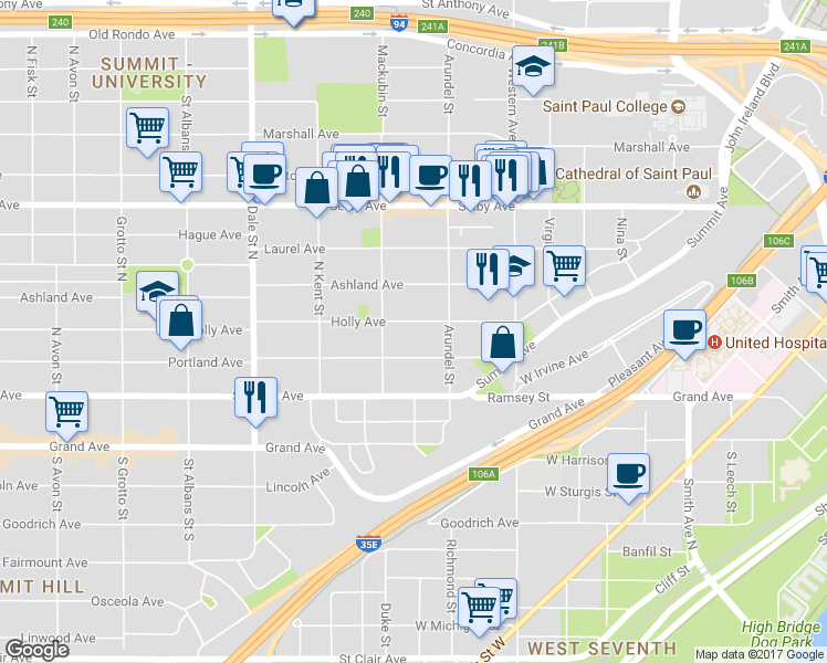 map of restaurants, bars, coffee shops, grocery stores, and more near 472 Holly Avenue in Saint Paul