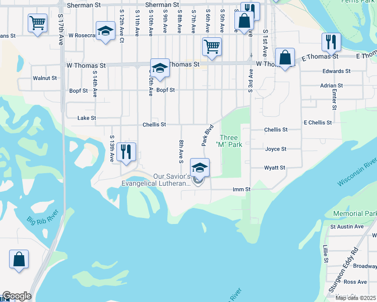 map of restaurants, bars, coffee shops, grocery stores, and more near 1337 South 8th Avenue in Wausau